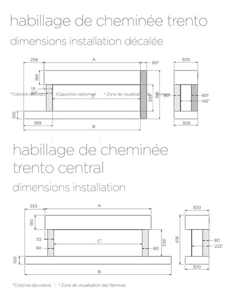 Habillages de cheminée Trento pour eReflex (anciennement Skope) Dimensions