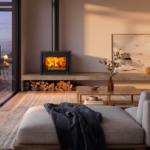 Stovax Studio 500 Freestanding in a room with sunset glow