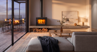 Stovax Studio 500 Freestanding in a room with sunset glow