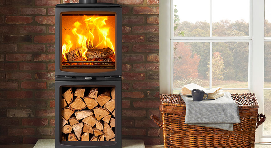 Poêle à bois Stovax Vogue Medium avec base de rangement pour bûches Highline en option